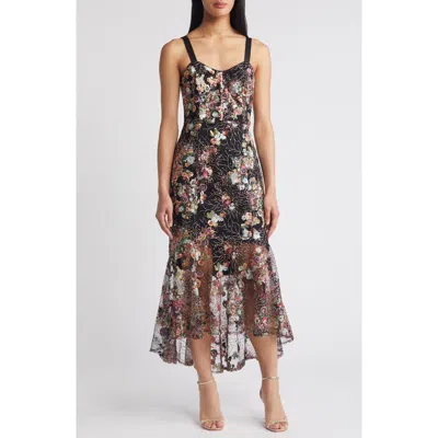 Sam Edelman Sequin Floral High-low Cocktail Dress In Black/rose Multi