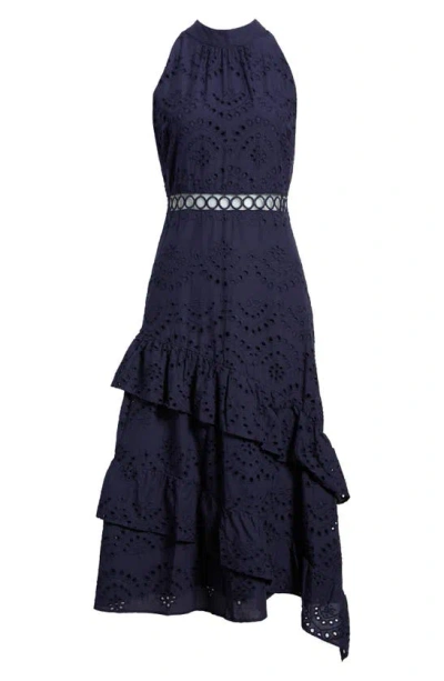 Sam Edelman Sleeveless Embroidered Eyelet Ruffle Dress In Navy