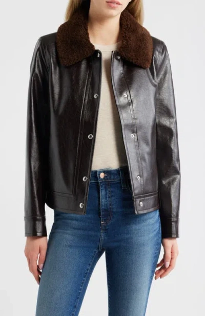 Sam Edelman Slim Fit Faux Leather Jacket With Faux Fur Collar In Brown
