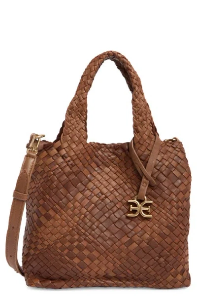Sam Edelman Small Priya Woven Leather Tote In Brandy