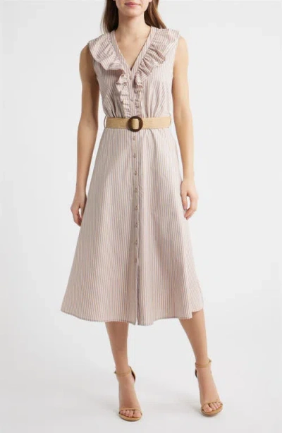 Sam Edelman Stripe Rhinestone Detail Sleeveless Cotton Shirtdress In Neutral