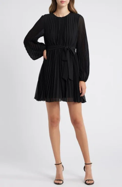 Sam Edelman Tie Belt Long Sleeve Plissé Minidress In Black