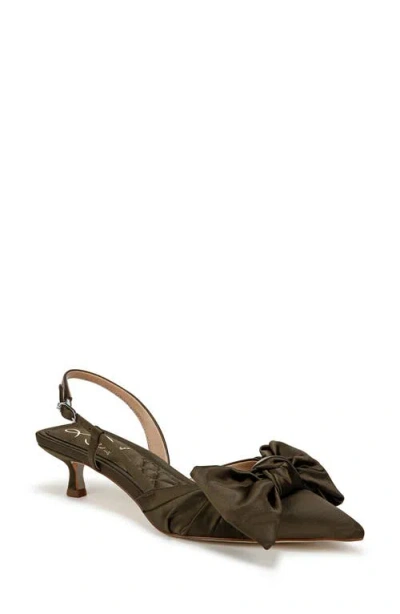 Sam Edelman Treena Bow Plissé Pointed Toe Kitten Heel Sandal In Winter Moss