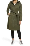 Sam Edelman Water Repellent Belted Trench Coat With Removable Hood In Green