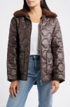 Sam Edelman Wide Hexagon Quilted Coat With Removable Faux Fur Collar In Brown