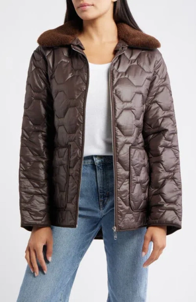 Sam Edelman Wide Hexagon Quilted Coat With Removable Faux Fur Collar In Brown