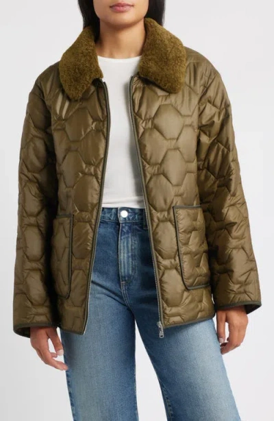 Sam Edelman Wide Hexagon Quilted Coat With Removable Faux Fur Collar In Green