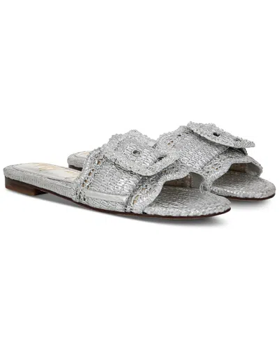 Sam Edelman Women's Bambi Raffia Buckle Slide Sandals In Soft Silver Raffia Fabric