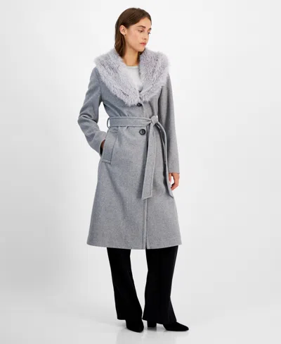 Sam Edelman Women's Belted Faux-fur-collar Walker Coat In Feather Grey