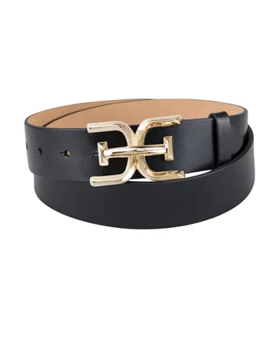 Sam Edelman Women's Brass-tone Double-e Plaque Buckle Casual Belt In Black