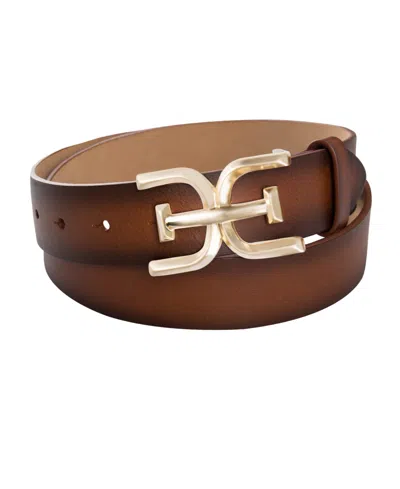 Sam Edelman Women's Brass-tone Double-e Plaque Buckle Casual Belt In Tan