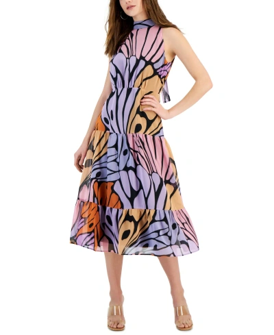 Sam Edelman Women's Butterfly High-neck Tie-back Midi Dress In Lavender Multi
