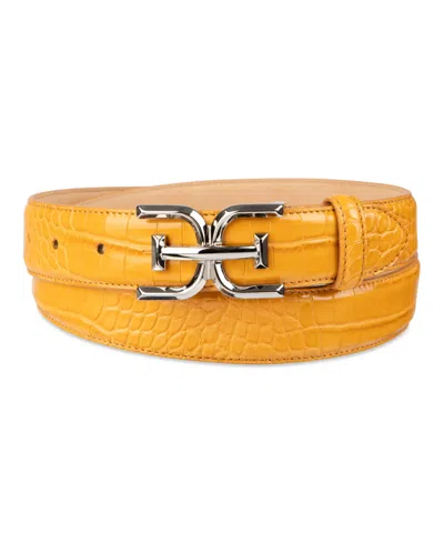 Sam Edelman Women's Double-e Plaque Buckle Exotic Print Belt In Mustard Croc