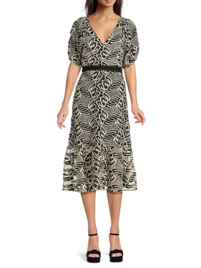 Sam Edelman Women's Embroidered Puff-sleeve Midi-dress In Black