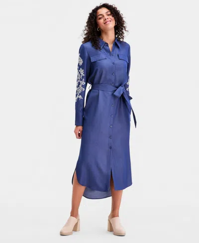 Sam Edelman Women's Embroidered-sleeve Denim Shirtdress In Blue