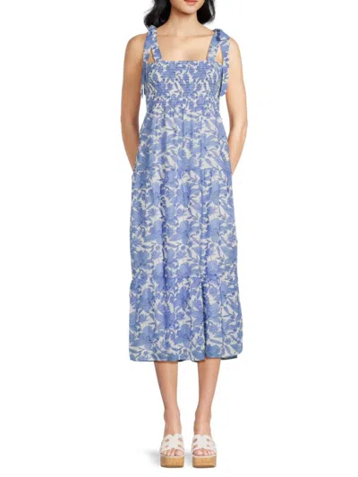 Sam Edelman Women's Etched Floral Tie-straps Midi Dress In Blue White