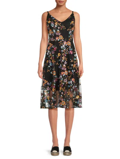 Sam Edelman Women's Floral Embroidery Mesh Knee Length Dress In Black Multi