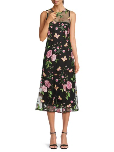 Sam Edelman Women's Floral Illusion Neckline Midi-dress In Black