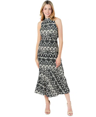 Sam Edelman Women's Ikat-print Tie-neck Midi Dress In Black,ecru