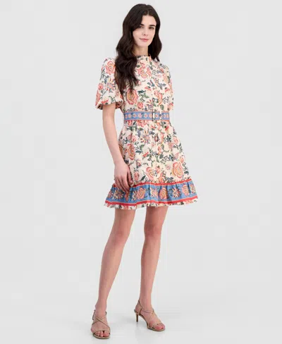 Sam Edelman Women's Poplin Short-sleeve Belted Border-print Mini Dress In Multi