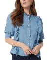 Sam Edelman Alice Ruffled Button Down Top In Aegean Blue Wash