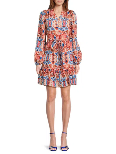 Sam Edelman Women's Tile Print Long-sleeve Pleated Rayon Minidress