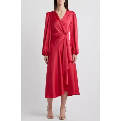 Sam Edelman Wrap Front Long Sleeve Satin Dress In Ruby Red