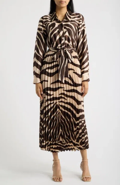 Sam Edelman Zebra Print Long Sleeve Pleated Maxi Shirtdress In Green