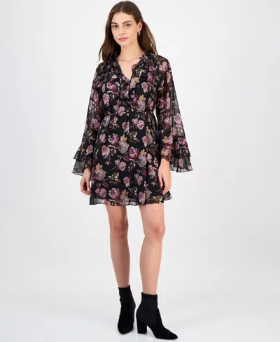 Sam Edelman/s Rothschild & Co Inc Sam Edelman Women's Flare-sleeve Ruffled Dark Rose Mini Dress In Brown