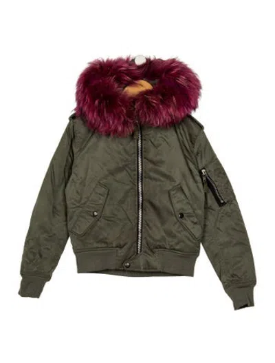 Pre-owned Sam Kids' Girls' Racoon Fur Trim Hoodie Zip-up Jacket In Green/pink