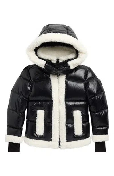 Sam . Kids' Carmen Faux Shearling & Faux Leather Hooded Jacket In Jet/ White