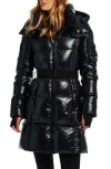 Sam . Noho Glossy Belted Down Puffer Coat With Removable Hood In Jet