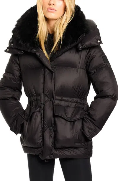 Sam . Scout Down Puffer Jacket With Genuine Tibetan Lamb Hair Trim In Black
