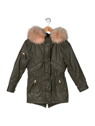Pre-owned Sam Kids' Solid Fur Trim Hood Coat In Brown