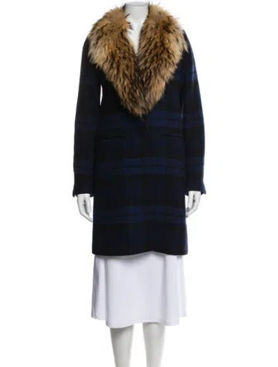 Pre-owned Sam Wool Plaid Print Fur Coat In Blue