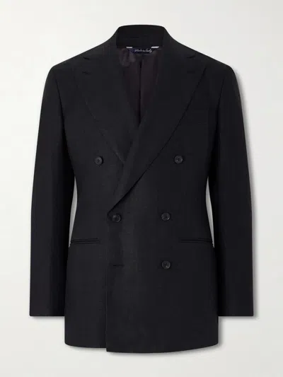Saman Amel Linen Double-breasted Blazer In Blue