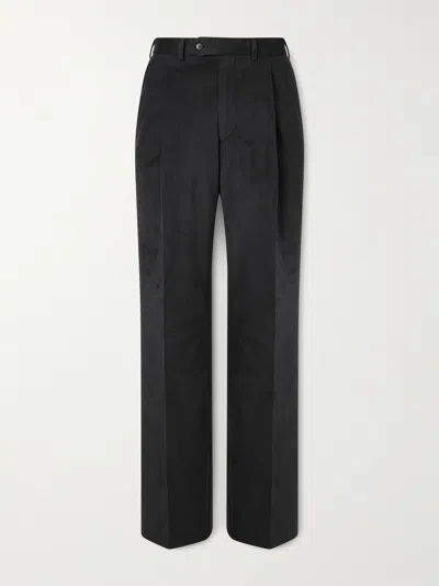 Saman Amel Straight-leg Pleated Peached Cotton-blend Trousers In Black