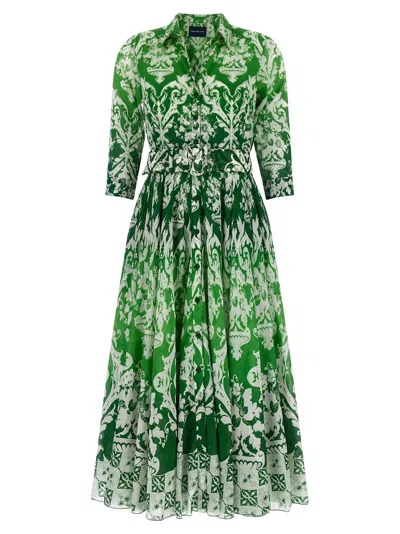 Samantha Sung All-over Print Cotton Muslin Midi Dress With Removable Pockets And Belt In Green