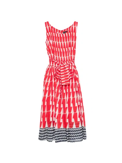 Samantha Sung Midi Dress Belted Waist Geometric Pattern In Red