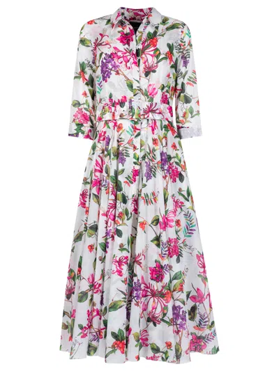 Samantha Sung Aster Floral-print Belted Midi Dress In White