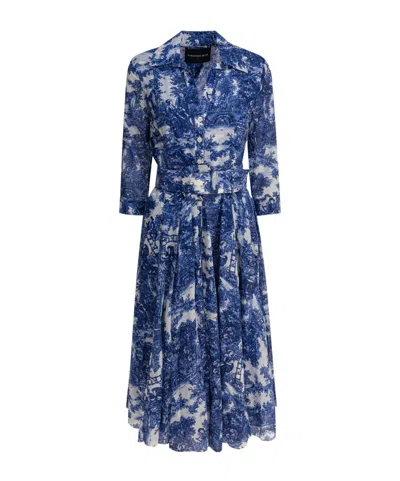 Samantha Sung Toile-print Belted Midi Dress In Blue