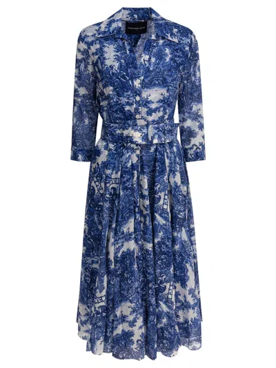 Samantha Sung Toile-print Belted Midi Dress In Blue