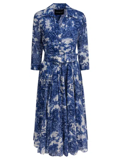Samantha Sung Toile-print Belted Midi Dress In Blue