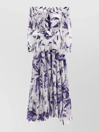 Samantha Sung Eden Dress Belted Waist Feather Print In Purple