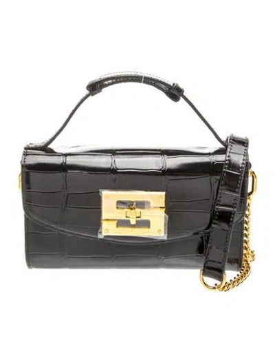 Pre-owned Samantha Sung Embossed Leather Top Handle Bag Small In Black