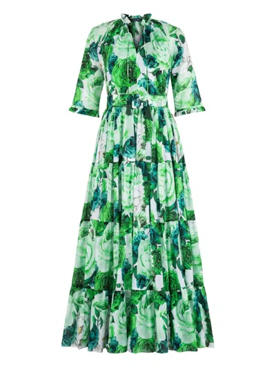 Samantha Sung Eva Floral-print Tiered Midi Dress In Green