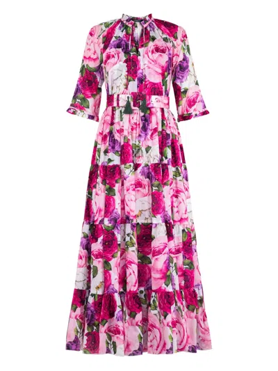 Samantha Sung Eva Rose-print Tiered Midi Dress In Pink