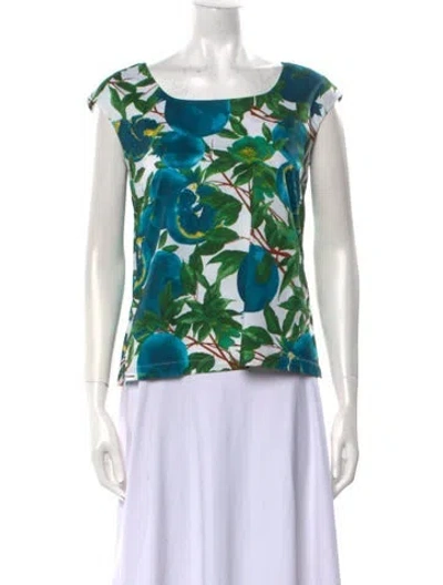 Pre-owned Samantha Sung Floral Print Bateau Neckline Blouse In Green