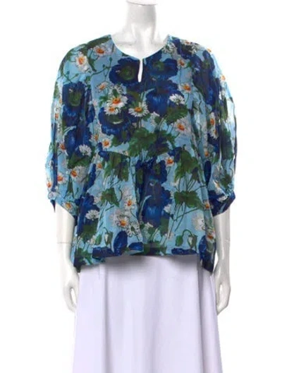 Pre-owned Samantha Sung Floral Print Crew Neck Blouse In Blue