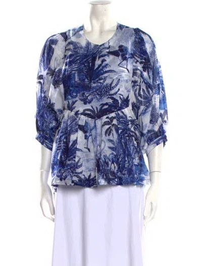 Pre-owned Samantha Sung Floral Print Crew Neck Blouse In Blue